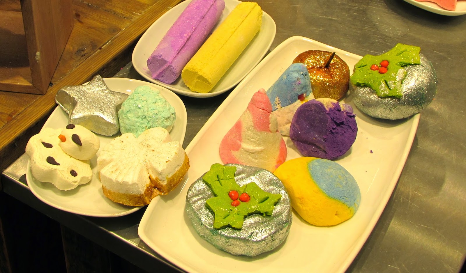 Lush Christmas new bubble bars and bath ballistics Lush Christmas bath bars on display: Holly Golightly, Christmas Eve, Candy Mountain etc