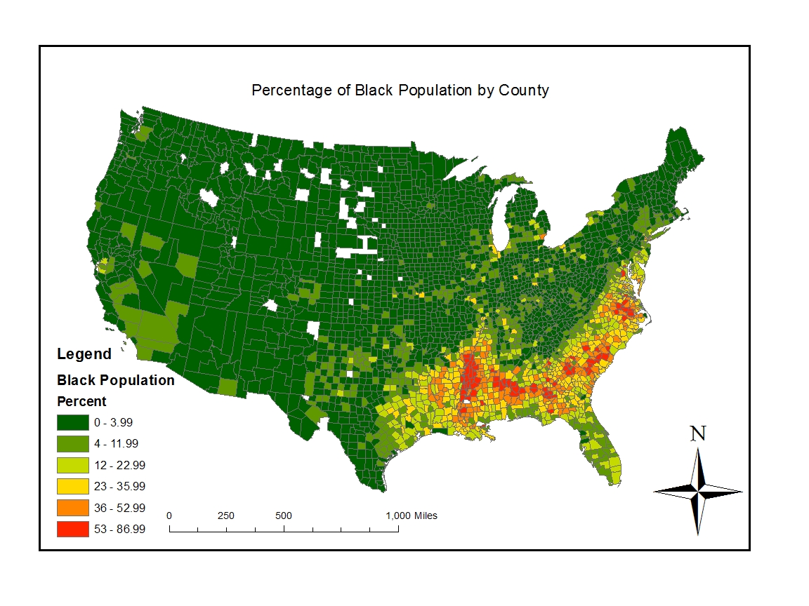 this map shows the percentage of the black population by counties in america we can see that the swath of the south eastern states have a high population this map shows the percentage of the black population by counties in america we can see that the swath of the south eastern states have a high population