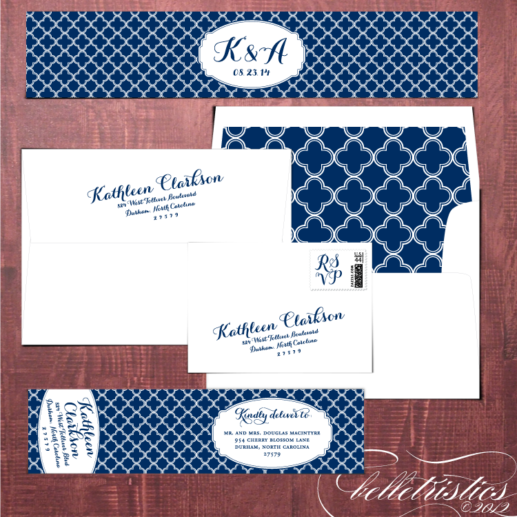 Dinner and drink menus and a quatrefoil pattern water label design