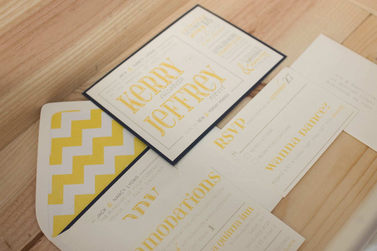 light and modern custom wedding invitations, yellow navy and grey wedding invitations, chevron envelope liners, custom light invitations, fall wedding invitations
