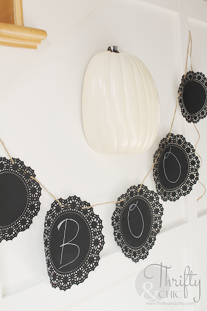 Make a cute banner out of doilies and chalkboard paint!