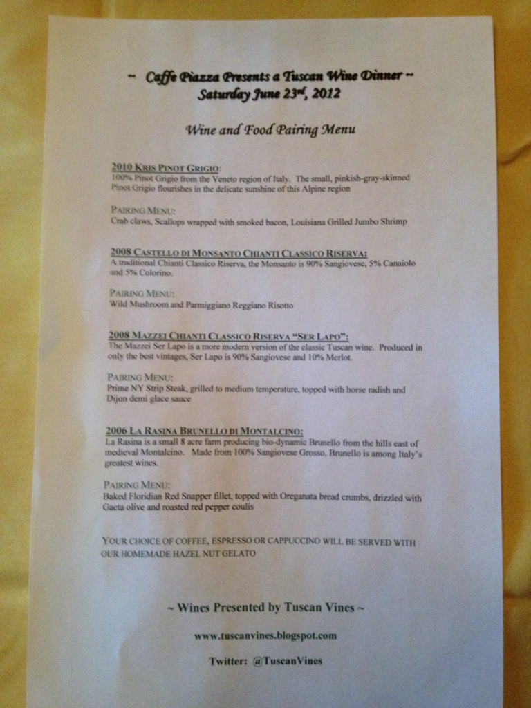 Tuscan Wine Dinner at Caffe Piazza John Fodera's Tuscan Vines