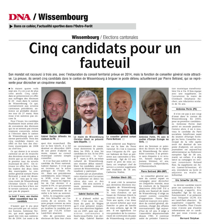 Cinq candidats à Wissembourg pour les cantonales