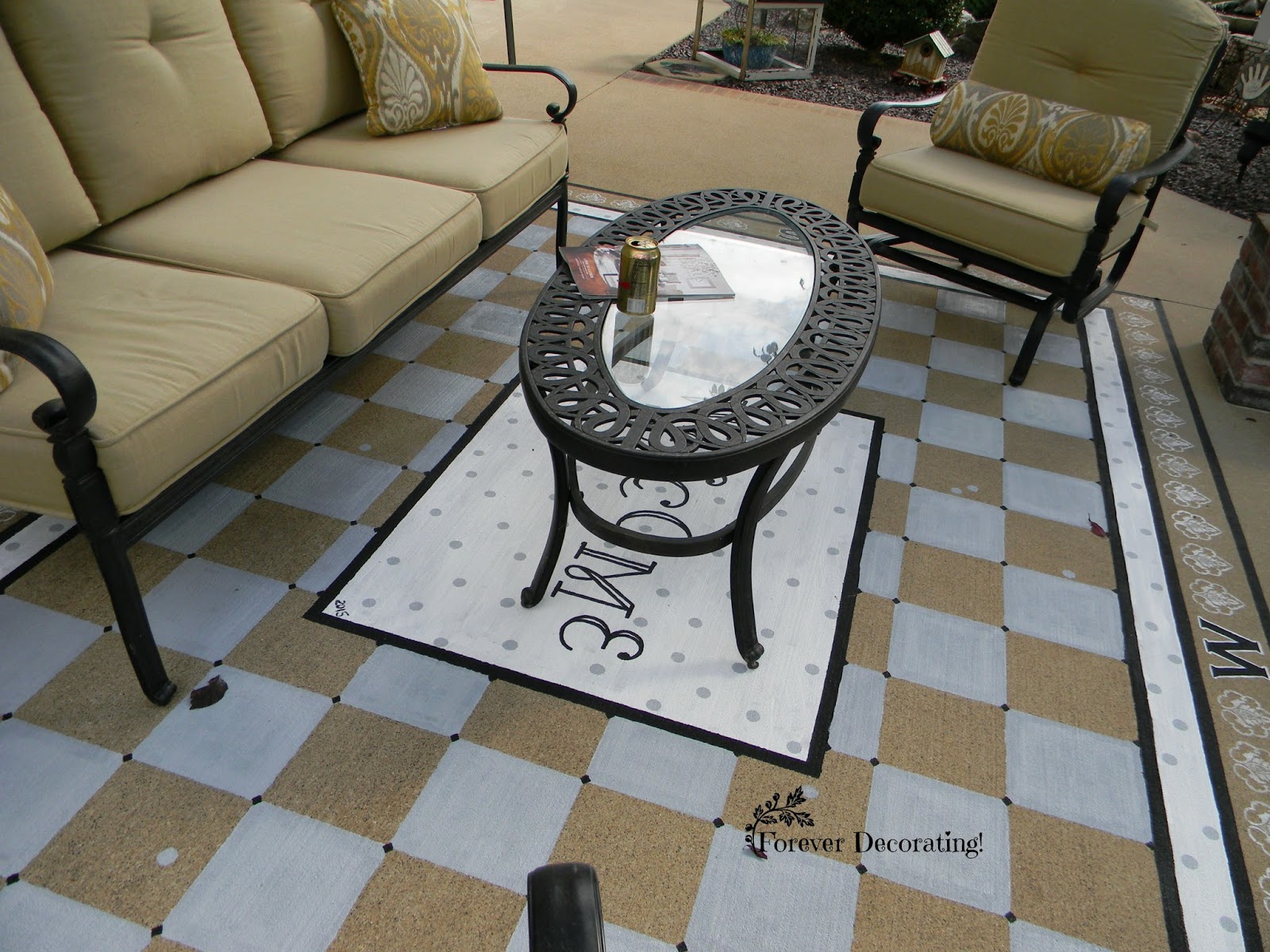 Forever Decorating Painted Patio Rug I Chose To Use Only Three Colors Gray Black And White The Center Area Is With Painted Welcome Polka Dots Plus A Border
