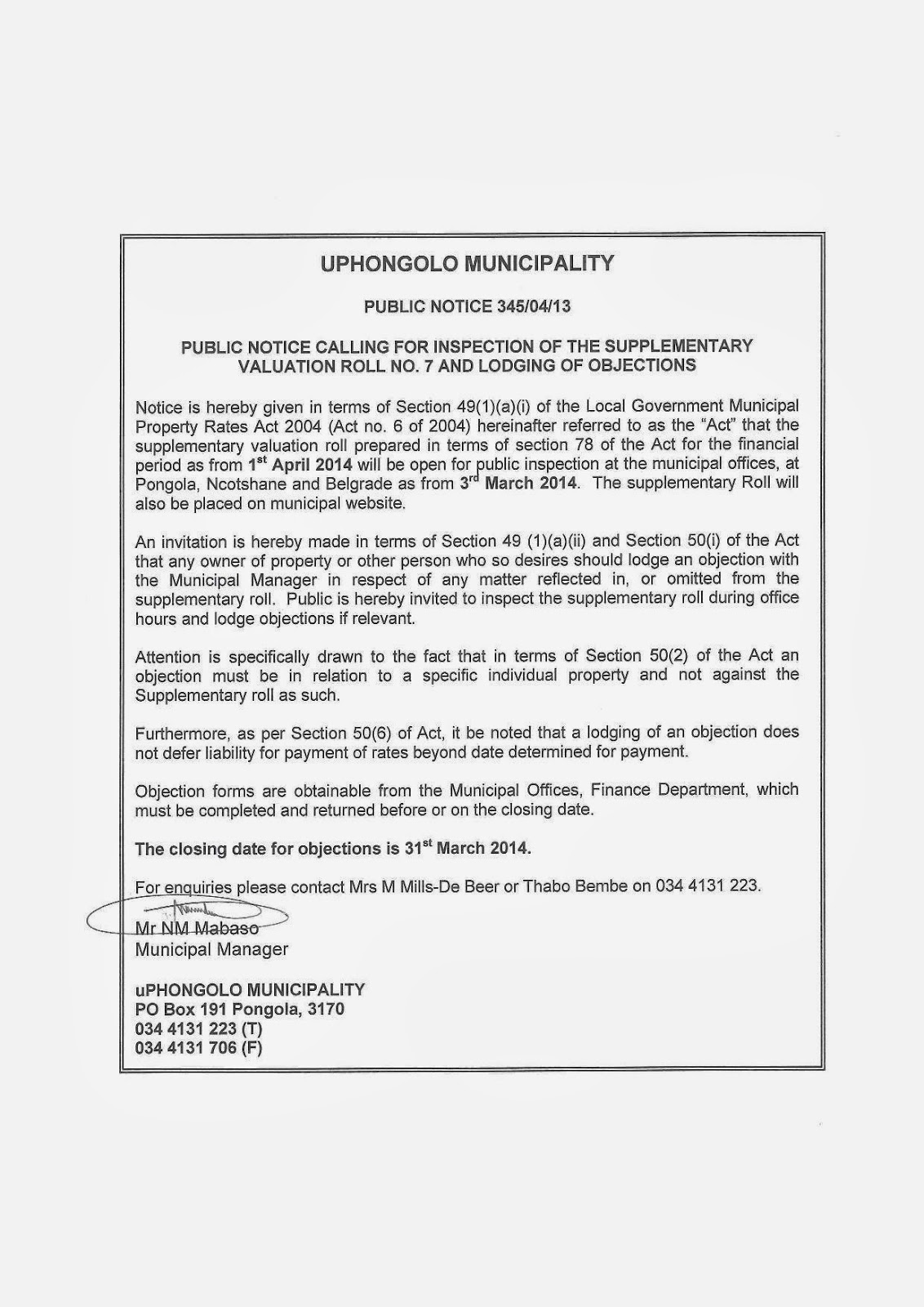 Pongola Municipality PUBLIC NOTICE CALLING FOR INSPECTION OF THE