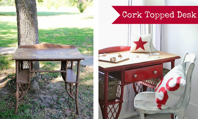 Cork topped red desk by Thistlewood Farm featured on Funky Junk Interiors