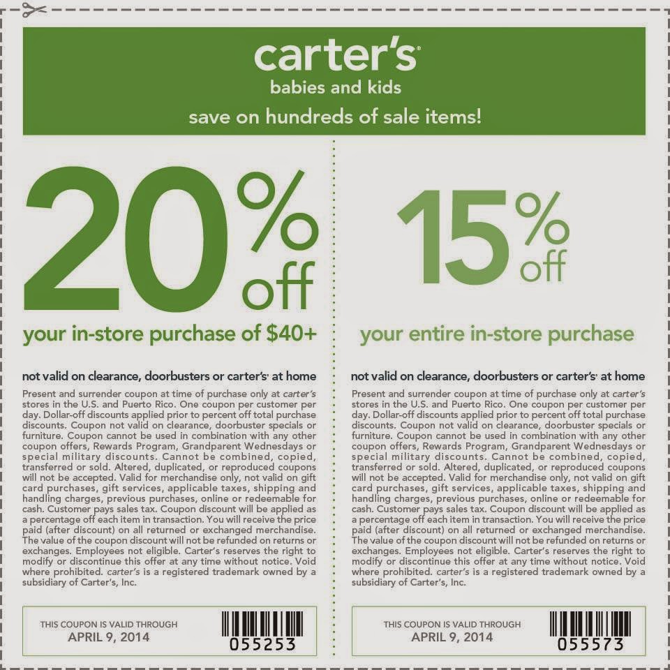 Carters Printable Coupons 15 Off or 20 Off 40+ Purchase Your