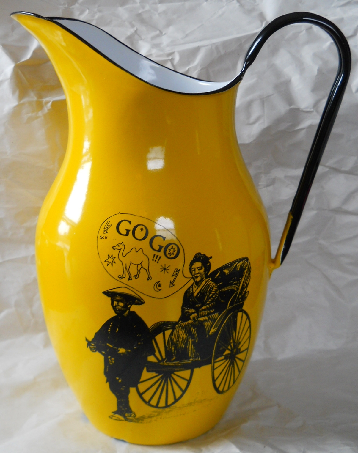 Yellow EnamelWare Pitcher Geisha Rickshaw Rebus Cartoon