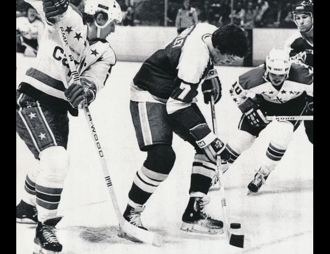 Vs. Minnesota: Glen Sharpley again, as a North Star, with Wes Jarvis and                     Rolf Edberg as bookends (3-3 tie, 12/3/80)