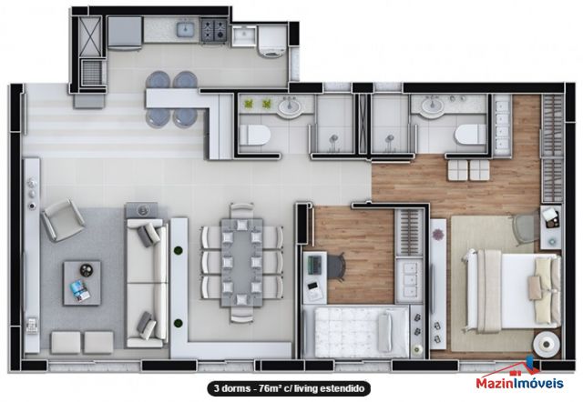 LifePark Canoas - Planta 3d living estendido