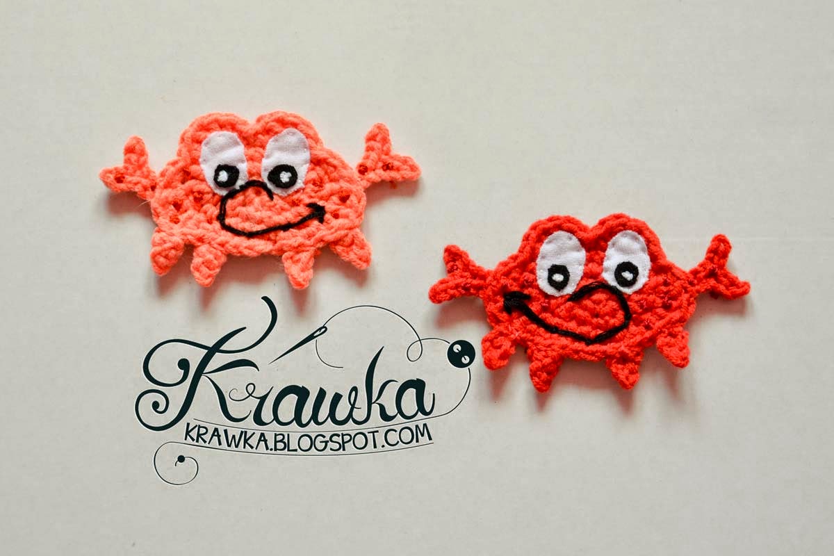 Aplikacje szydełkowe - krab Aplikacja zrobiona na szydełku czerwony i łososiowy krab. Aplique or aplication crocheted in amigurumi style red and salmon crab.