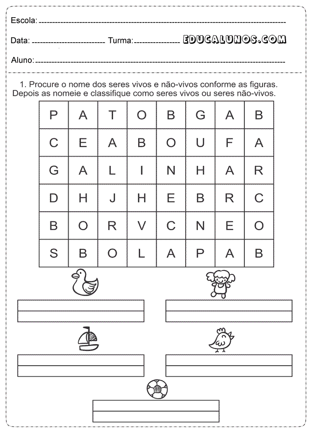 Nomeie e classifique como seres vivos e não-vivos