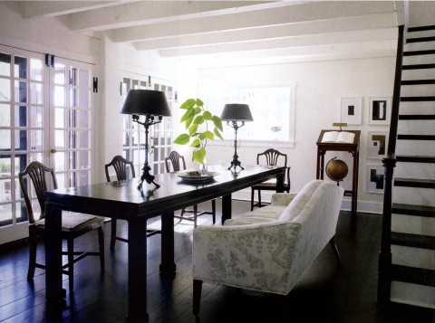 Header: Settees And Dining Tables Classic dark dining table given a tone-down with the linen settee and bamboo shades and drapes. Bling is added with that great crystal or glass chandelier. - Header: Settees And Dining Tables