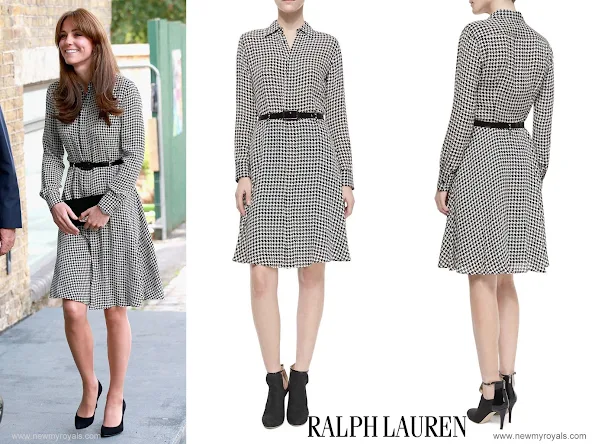 Kate Middleton wore Ralph Lauren Silk Austin Shirtdress and black Stuart Weitzman pumps, Mulberry Bayswater black suede clutch and Annoushka pearls earrings 