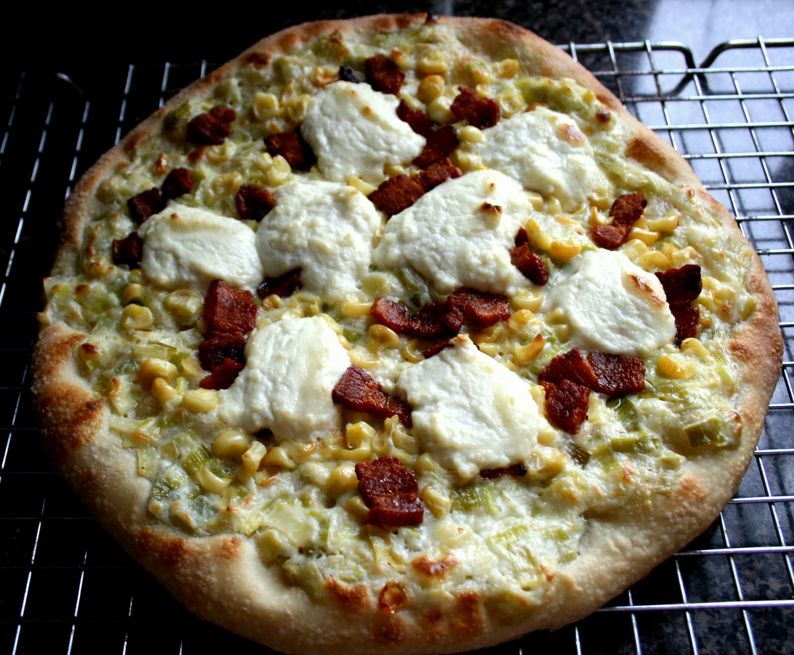 BREANNA'S RECIPE BOX Roasted Corn Pizza with Leek Soubise, Bacon, and