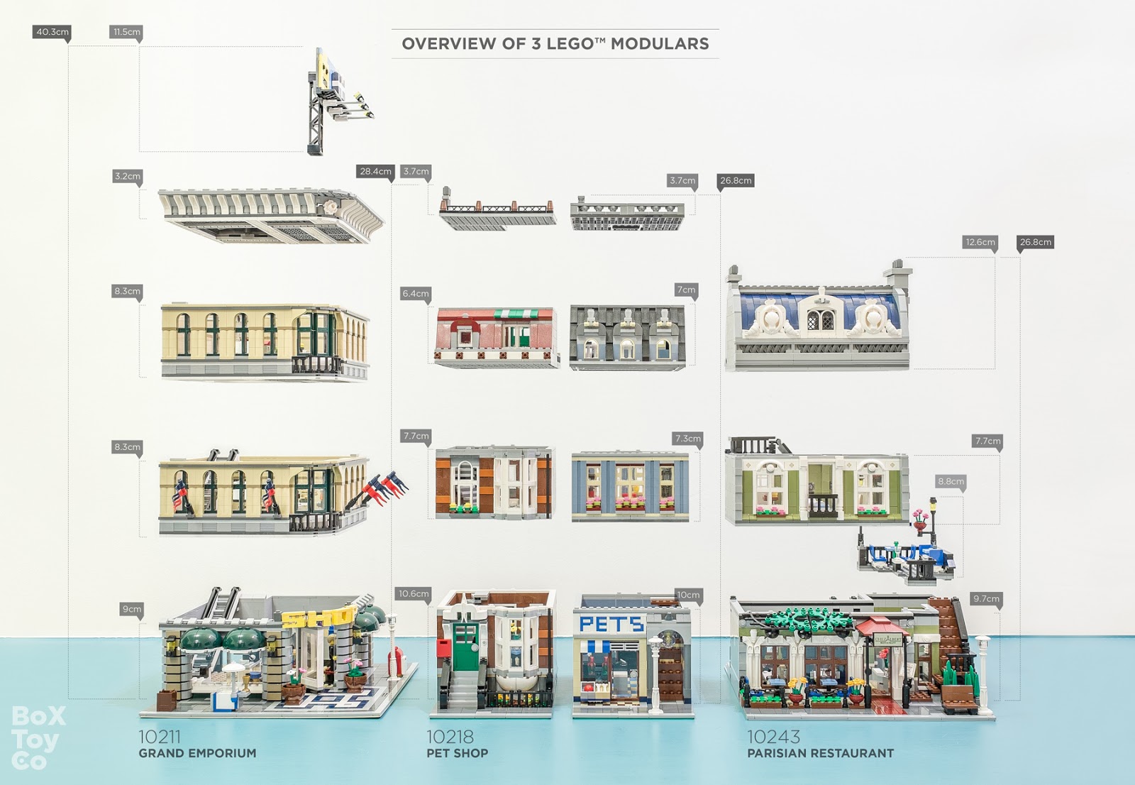 LEGO CREATOR Grand Emporium 10211, Pet Shop 10218 and Parisian Restaurant 10243 Size