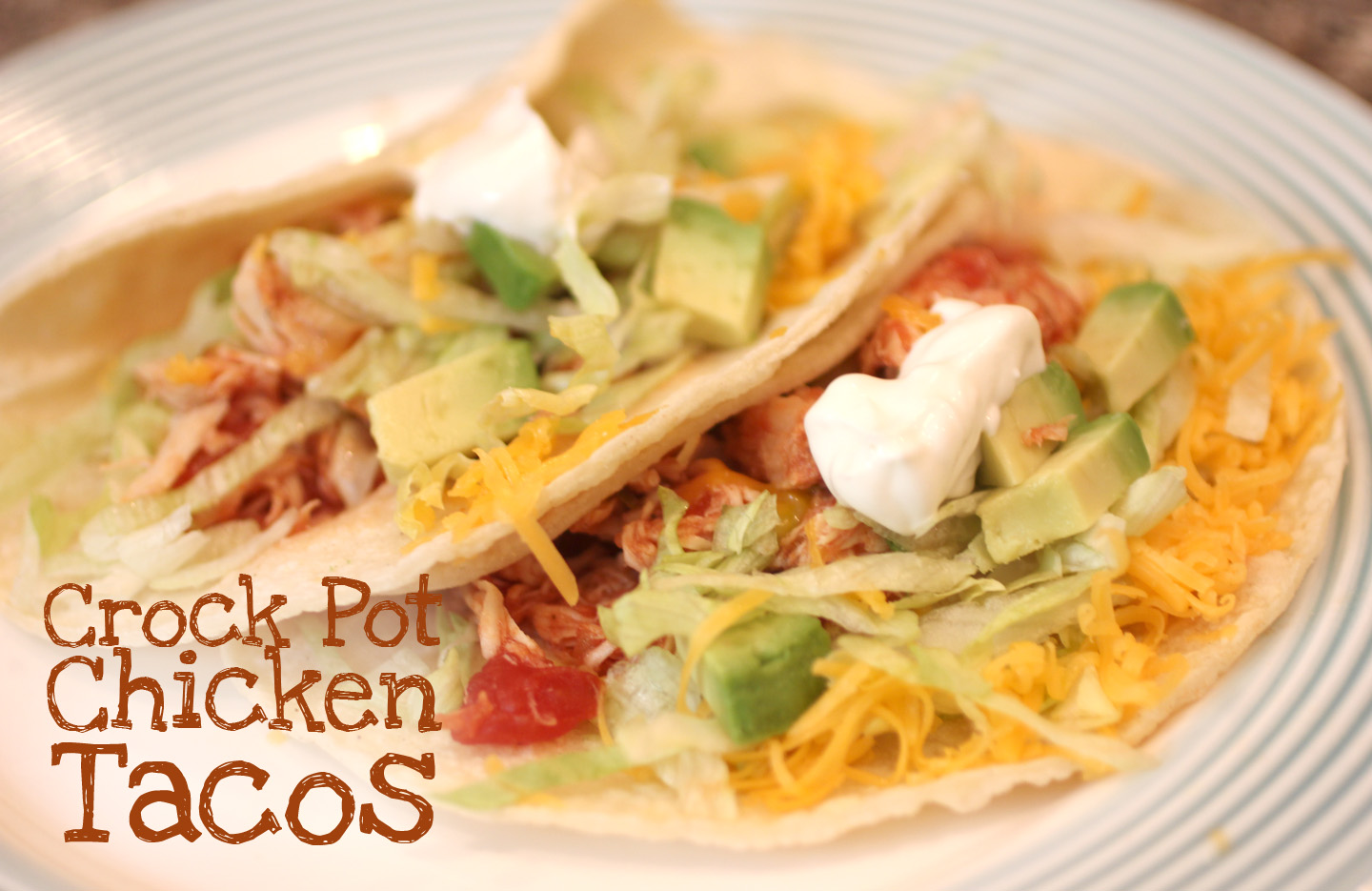 Crockpot chicken for tacos this is exactly whats for dinner today its in the crock pot as im commenting cant wait thanks for sharing love crock pot meals im a mom of 2 and expecting my 3rd so this was very easy looks and smells very good just added garlic to it but other then that i followed the directions gonna make them in taco bowls and on hard and soft tacos once again thanks!