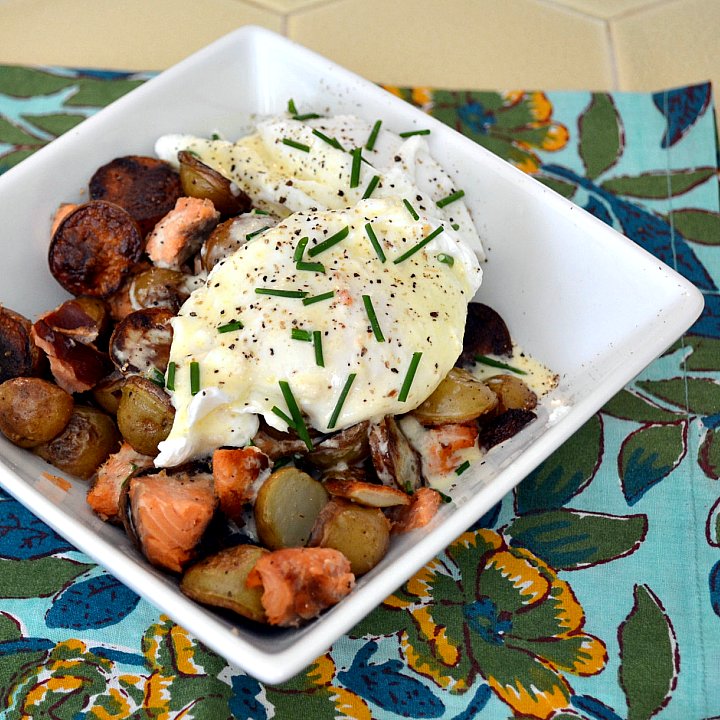 The Foodie Couple Smoked Salmon Hash with Poached Eggs and Horseradish