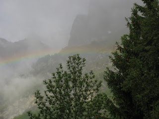 Rainbow in low clouds, Leukerbad, Switzerland