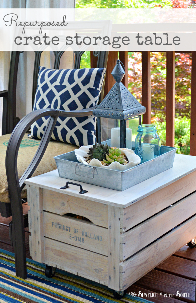 Make a repurposed crate storage side table for outdoors, by Simplicity in the South, featured on I Love That Junk