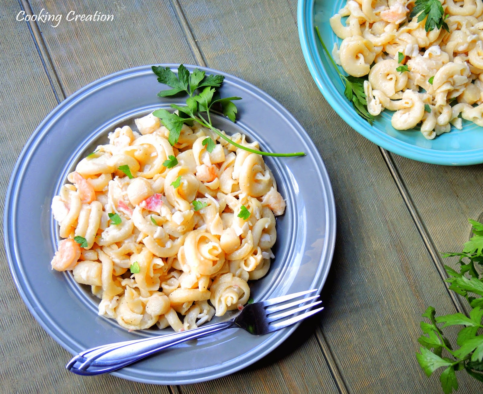 Cooking Creation Trottole with Seafood & Smoked Gouda Alfredo