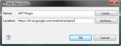 подключение репозитория Google, установка плагина ADT в Eclipse