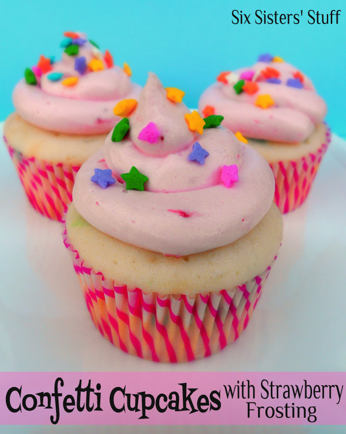 Confetti Cupcakes with Pink Strawberry Buttercream Frosting Six Sisters' Stuff