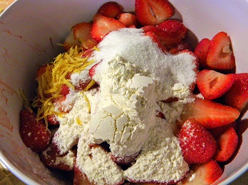 Strawberries and Rhubarb topped with flour, sugar, salt, and lemon