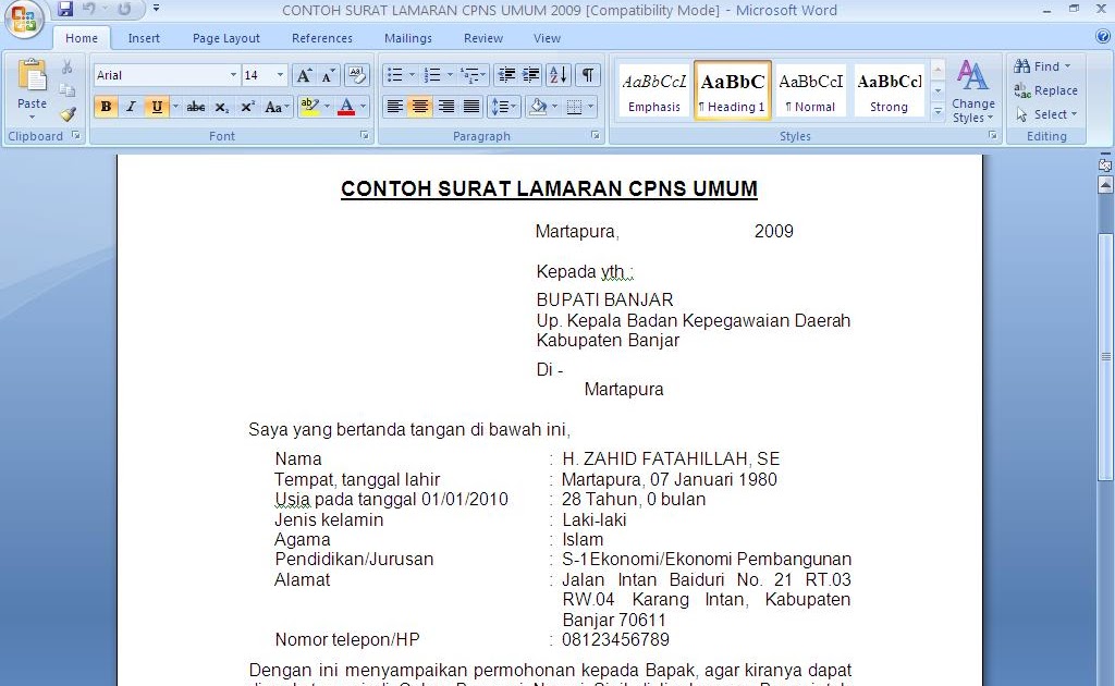 Contoh Surat Lamaran Kerja Di Microsoft Word 2007 Kumpulan Contoh Gambar