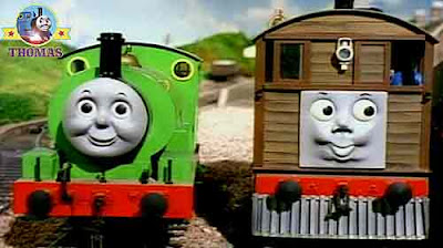 Thomas the tank engine Toby the tram engine and small Percy the green train were sent to lend a hand