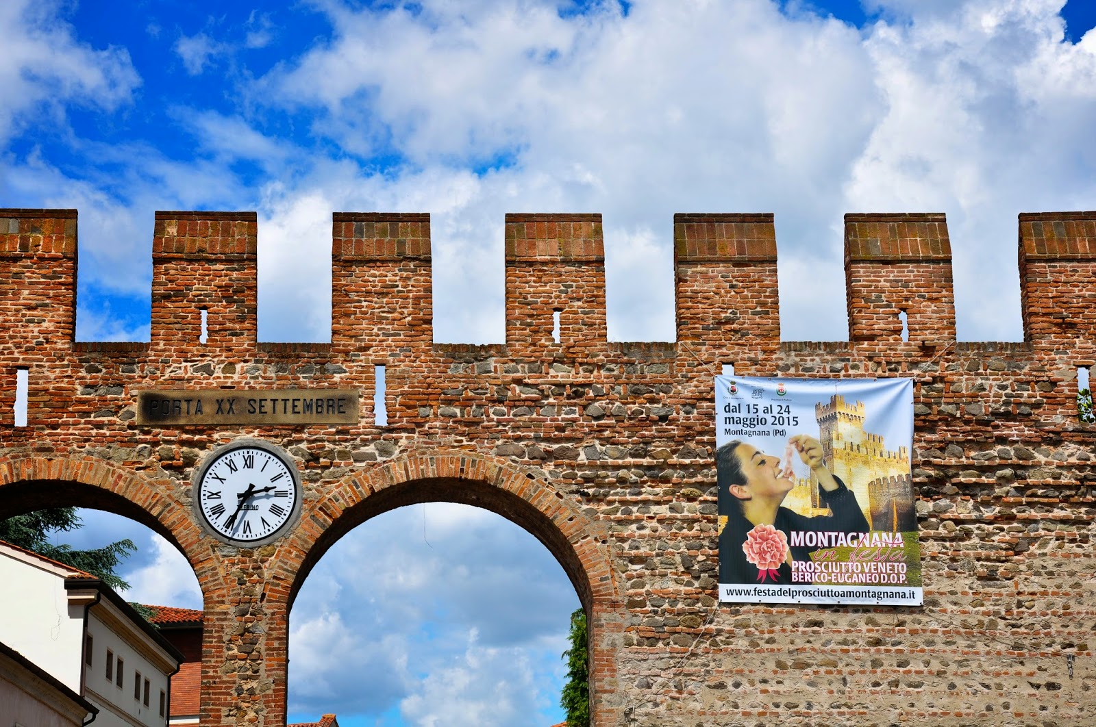The poster for the Prosciutto festival on the defensive wall of Montagnana, Veneto, Italy