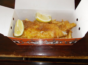 "Hake with chips"at the famous fish take-away restaurant "Bistro Wharfette".