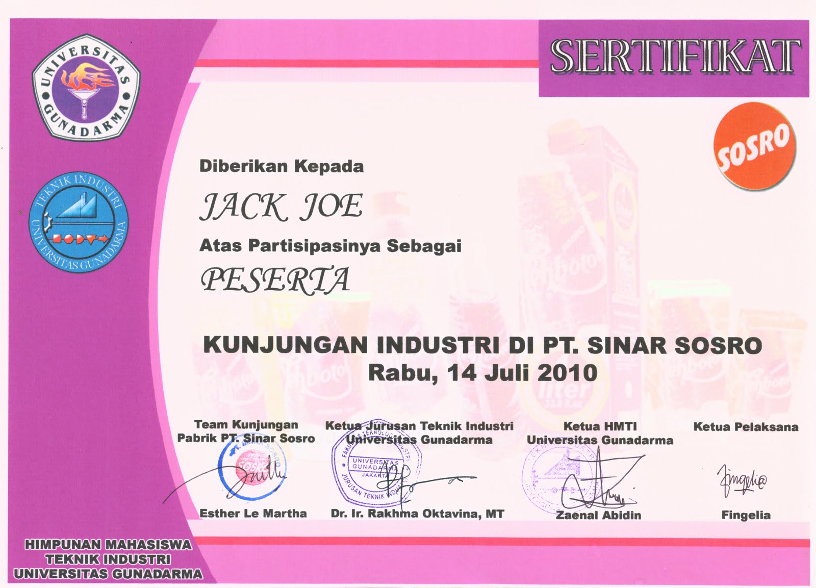 Sertifikat Ekskursi Kunjungan Pabrik