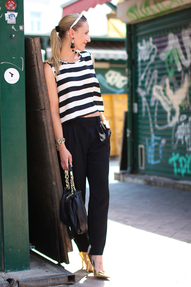 pants - Mango / striped top & statement bracelet - Forever 21 / golden metallic high heels, golden Pumps - Zara / designer bag - Michael Kors / earrings - H&M / sunglasses - New Yorker / collected by Katja / Modeblog Österreich / Austrian fashion blog / street style / street style Österreich / street style blog / personal style blog / fashion trend summer 2015 / Modetrends Sommer 2015 / Fashionblogger Streetstyle / Blogger style / chic & casual / maritim Look / maritime outfit