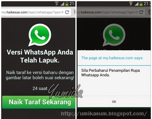 Gangguan masalah iklan WhatsApp (Haikexue), bagaimana selesaikan masalah perbaharui WhatsApp pada Android, cara selesaikan masalah ‘versi WhatsApp telah lapuk’ pada Android, masalah WhatsApp lapuk pada telefon pintar mobile smartphone, peranti Android bermasalah akses Chrome, laman phishing Haikexue, naik taraf WhatsApp ke versi baharu, perbaharui penampilan rupa WhatsApp, WhatsApp Haikexue sekat laman web blog, haikexue WhatsApp block website, cara hapus delete padam buang iklan WhatsApp lapuk 