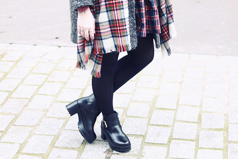 h&m tartan scarf american apparel skirt chicwish boots