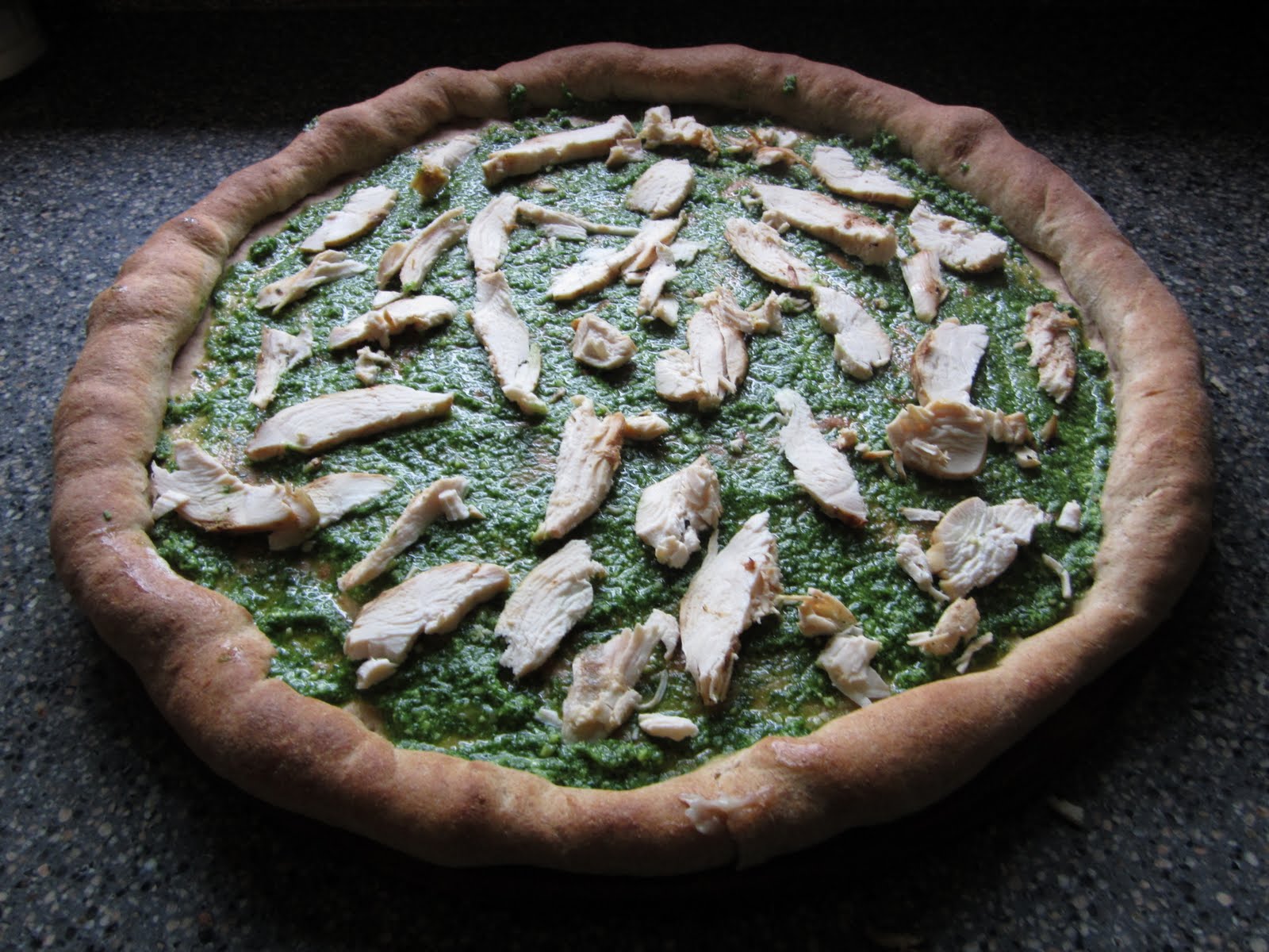 Roasted Garlic, Pesto & Chicken Pizza