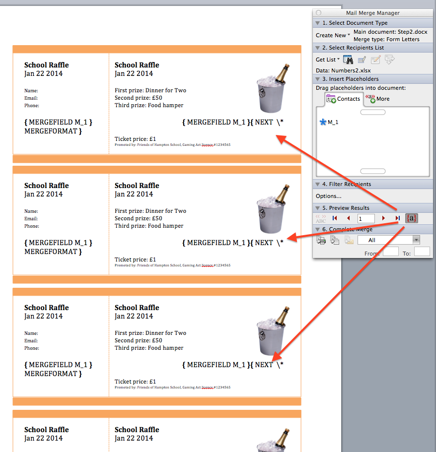 how to create numbered tickets in word