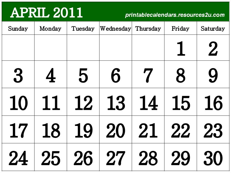 free april 2011 calendar template. April 2011 Calendar Horizontal