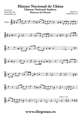 Tubescore 长笛和记录了中国国歌的乐谱。中国国歌由孙中山诚茂云长笛和记录乐谱. Sheet Music for the National Anthem of the China for Flute and Recorder. Chinese National Anthem by Sun Yat-sen Ch'eng Mao-yün for Flute and Recorder Music Score