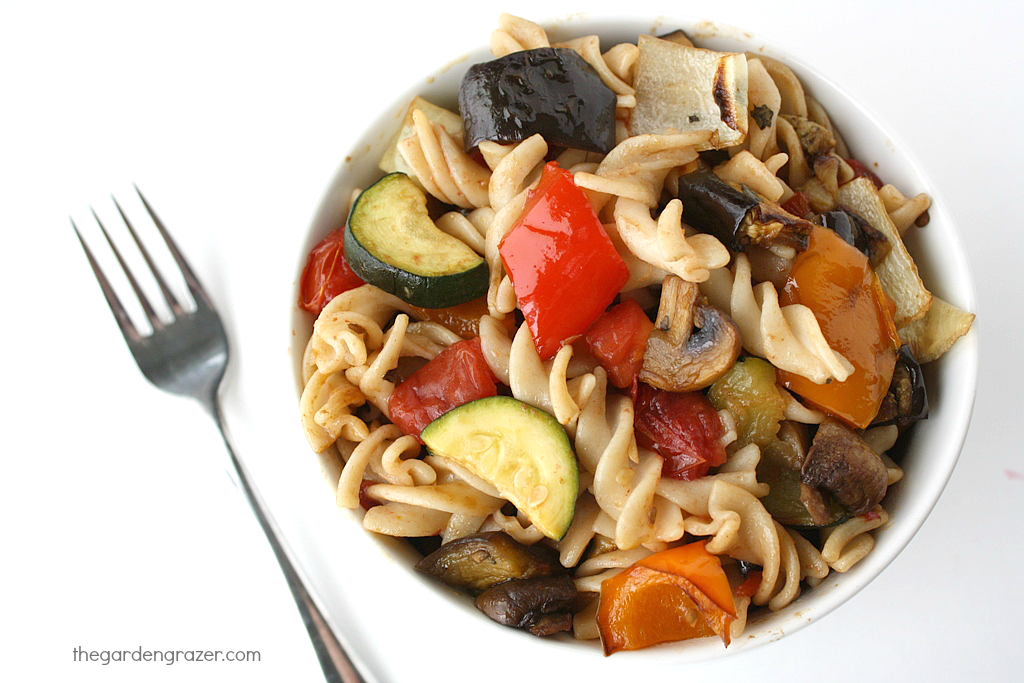 The Garden Grazer Roasted Vegetable Pasta with Garlic and Balsamic