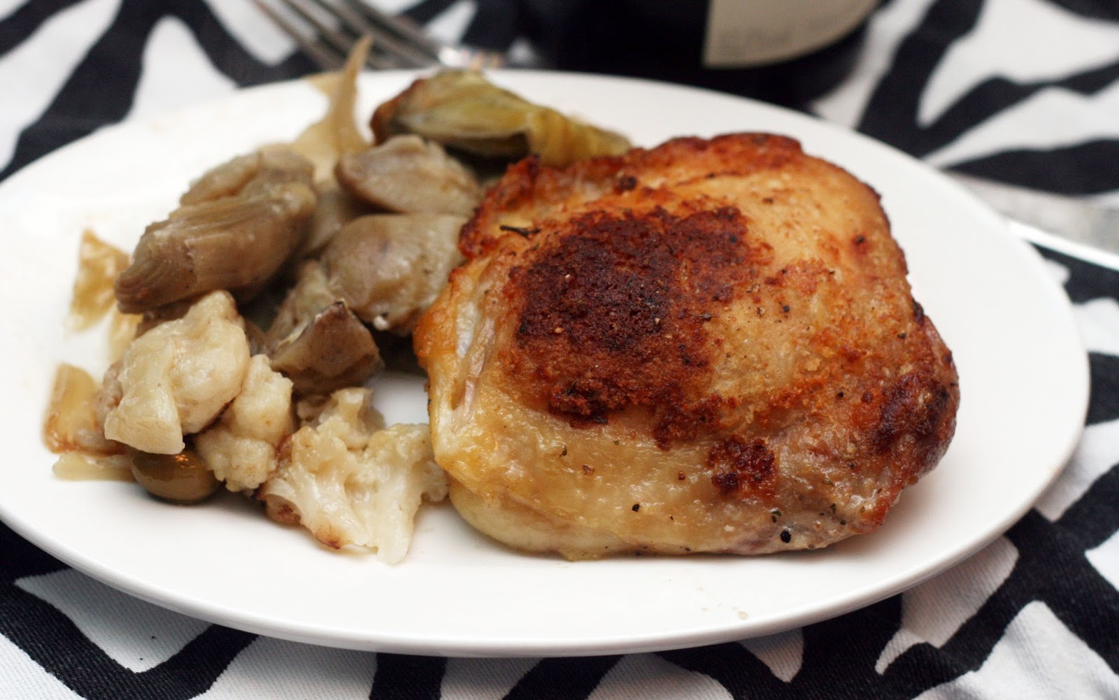 Crispy Chicken Thighs with Cauliflower, Artichoke and Olives Coconut