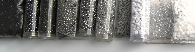 Glass seed beads in my black, gray (grey) to white graduating color palette