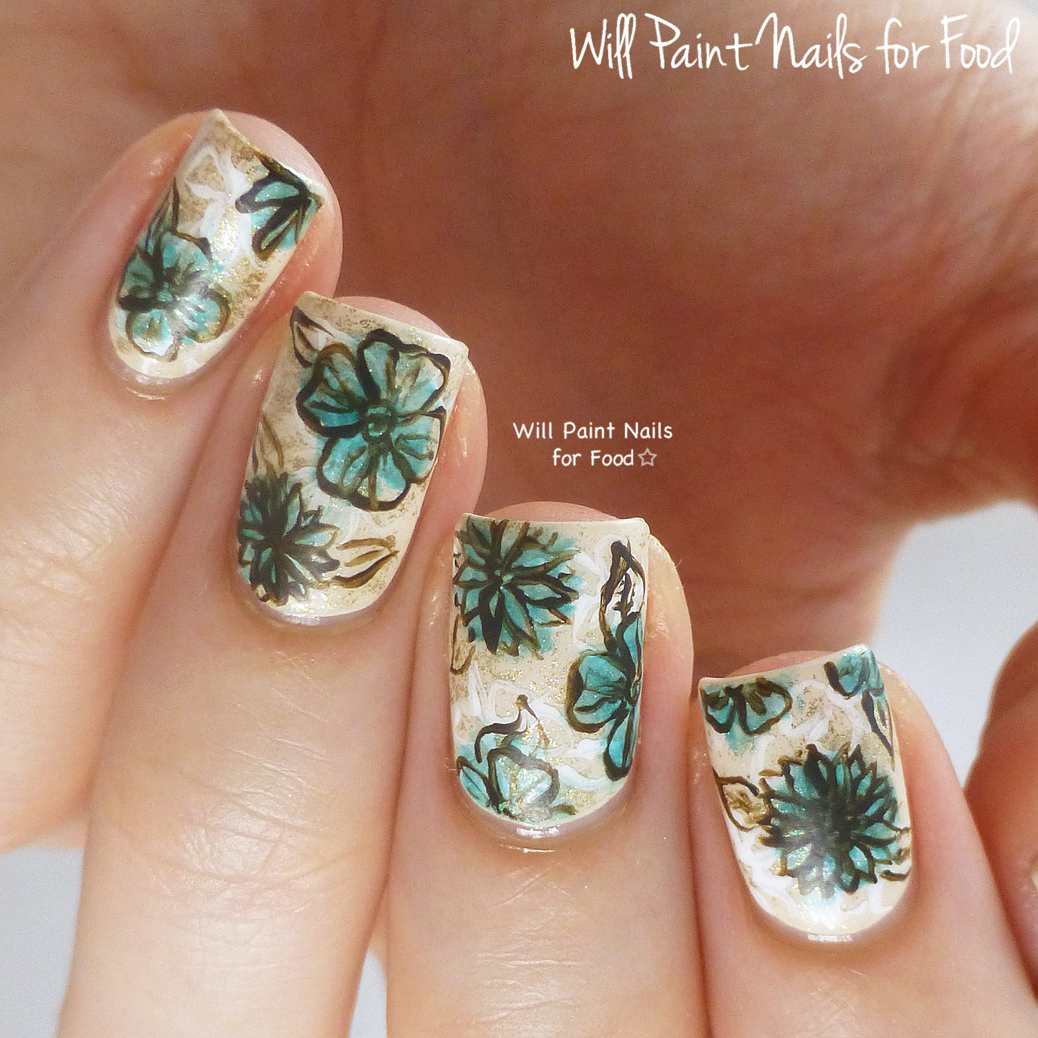 Vintage-inspired freehand floral nail art