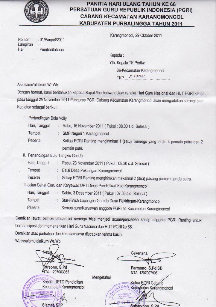 ARSIP SIRAU: Undangan PGRI untuk TK P2 dan SDN 1 Sirau