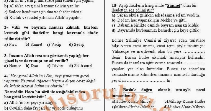 5 Sinif Din Kulturu Ve Ahlak Bilgisi Dersi 2 Donem 1 Yazili Sorulari