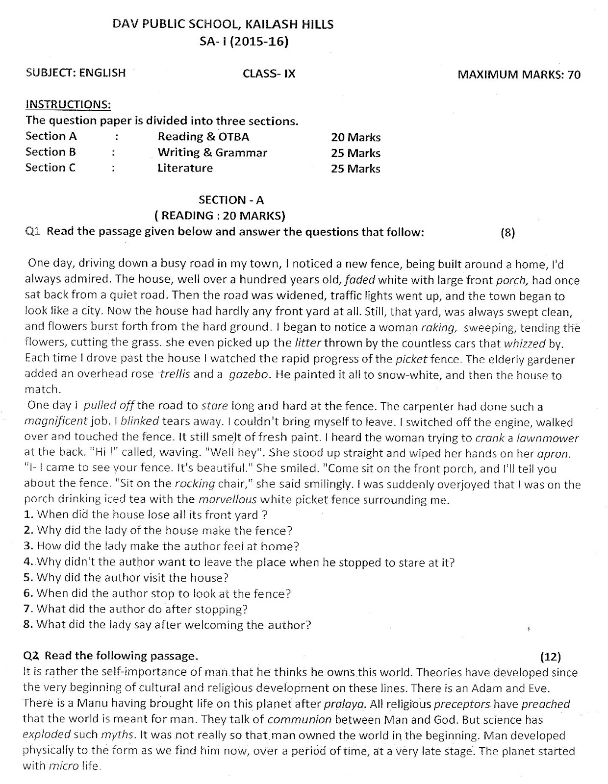 Solved sample paper of english (literature language)for class 9 2021 picture