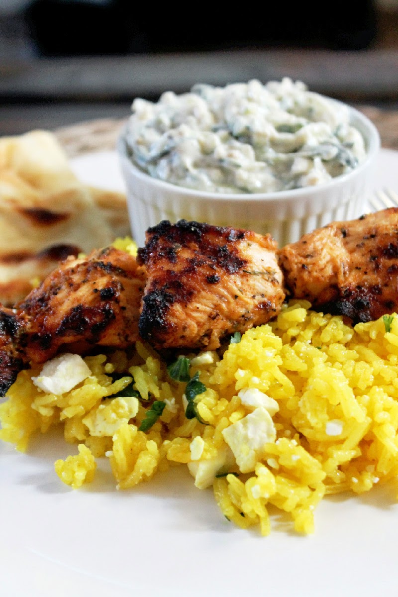 Creole Contessa: Greek Chicken Kabobs with Yellow Feta Rice and ...