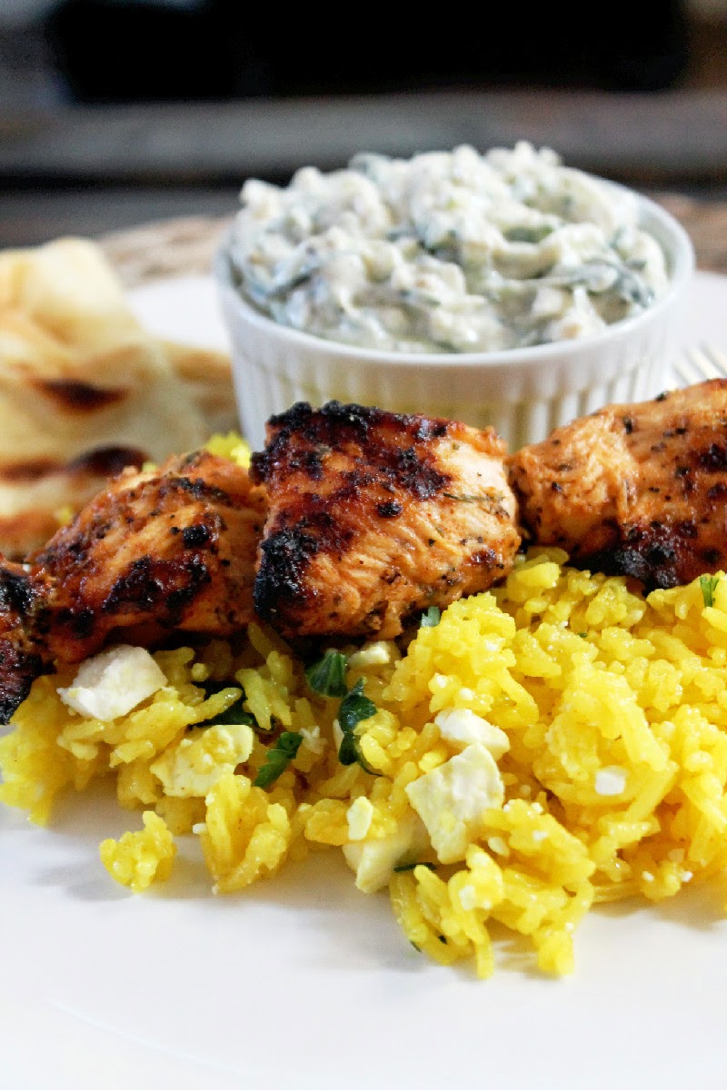 Creole Contessa Greek Chicken Kabobs with Yellow Feta Rice and