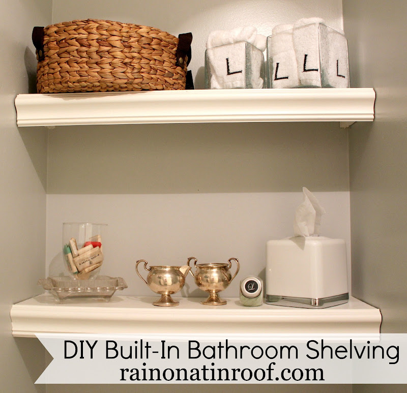 built in bathroom shelving diy for $ 25 or less diy built in bathroom title=